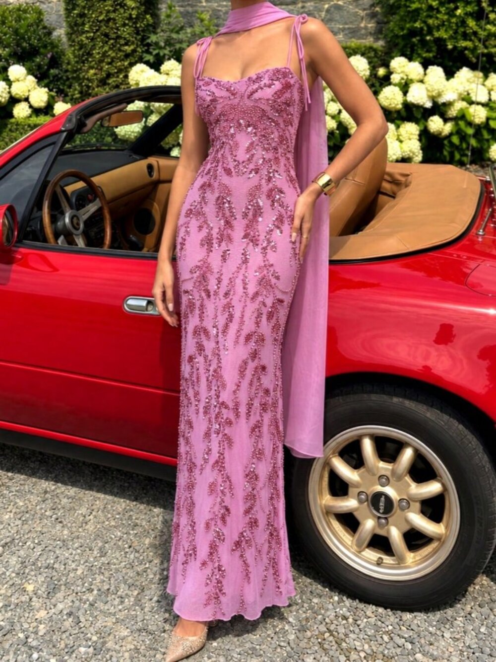 Watermelon Pink Elegant Women's Sequin Beaded Maxi Gown